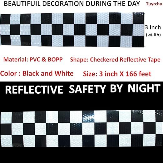 Black White Reflective Tape Outdoor Waterproof 3 inch X 166 feet, High Visibility Hazard Conspicuity Safety Industrial Marking Tape