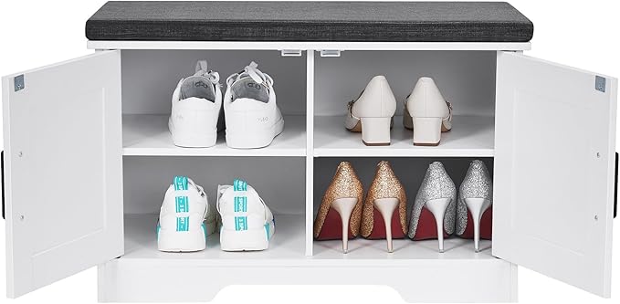 2-Tier Storage Bench, 27.6" Wide Shoe Bench with Padded Seat Cushion, Entryway Bench with 2 Barn Doors and Adjustable Shelf, White