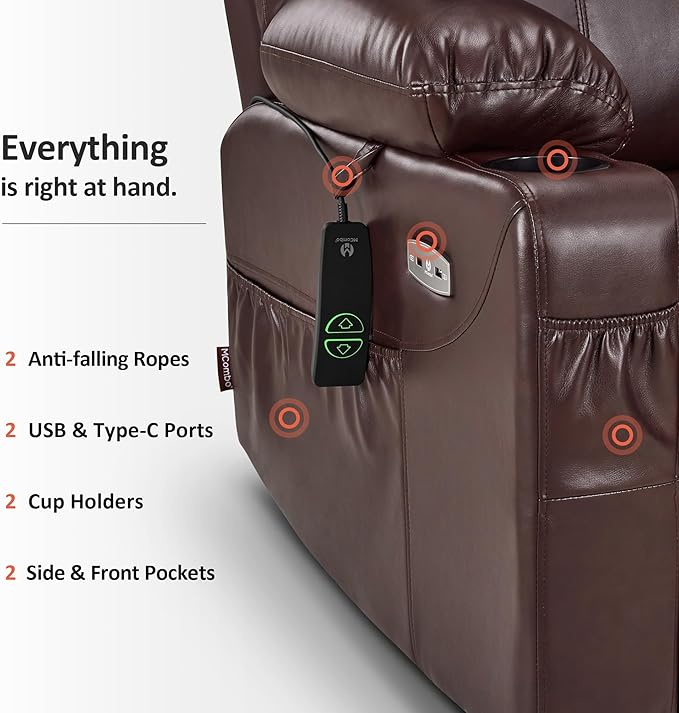 MCombo Electric Power Lift Recliner Chair Sofa with Massage and Heat for Elderly, 3 Positions, 2 Side Pockets, and Cup Holders, USB Ports, Faux Leather 7040 (Dark Brown, Medium)