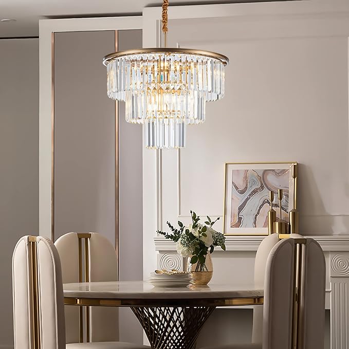12-Light 23.64" Gold Modern Crystal Chandelier Crystal Pendant Chandeliers Light Fixture 3-Tier Hanging Lighting for Living Dinning Room Bedroom Foyer