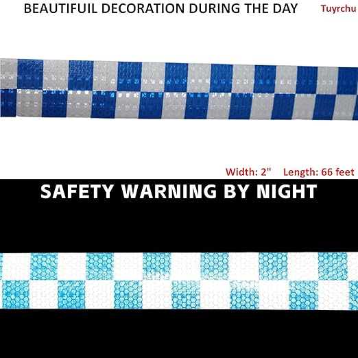 Industrial Reflective Tape Blue and White 2 inch Wide, Outdoor Waterproof Hazard Conspicuity Warning Marking Tape (66 feet)