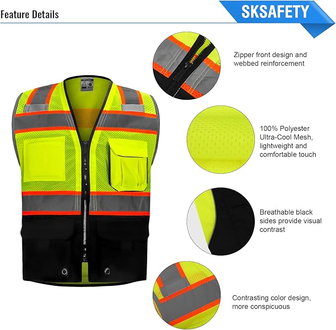 SKSAFETY Professional Safety Vest - Class 2 High Visibility with Reflective Strips, ANSI/ISEA Standard - Lime Black, XL