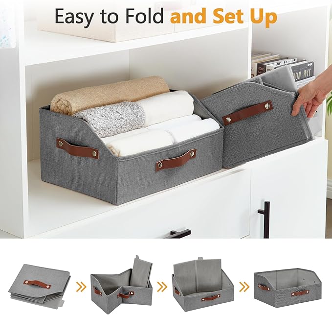 Closet Organizers and Storage, Linen Trapezoid Storage Bins with Handles, Collapsible Shelf Organizer for Blanket, Towel, Clothes, Hats, Purse (Gray)
