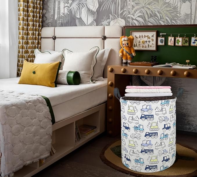 19.7 Inch Round Laundry Clothes Hamper Laundry Basket with Handles,Storage Organizer Bins Laundry Gift Basket for Room, Bedroom Decor (Engineering vehicle)