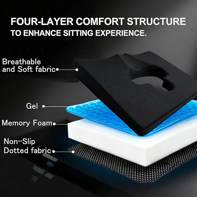 Gel Wheelchair Seat Cushion,Bed Sore Cushions for Butt,Chair Pressure Sore Cushion,Memory Foam Butt Pillow for Bed,Pressure Ulcer Pain Relief,Sciatica,Coccyx,Non-Slip Washable Cover(Black)