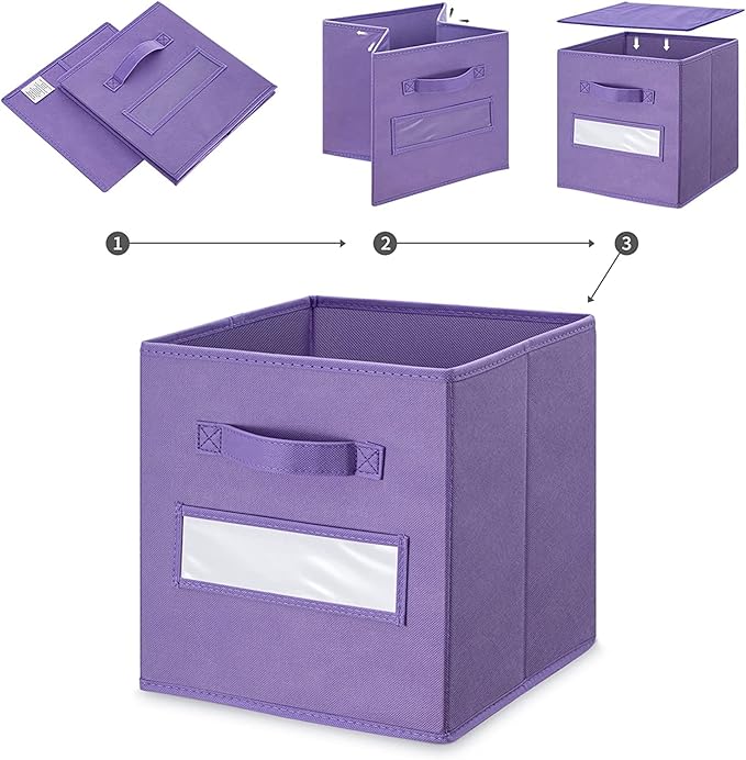 artsdi 13x13x13 storage cube bins(Set of 8) Fabric storage cubes with 8 Labels Window Cards & a Pen, storage cubes 13x13, Collapsible 13 inch cube storage bins, Cubby Organizer Boxes, Purple
