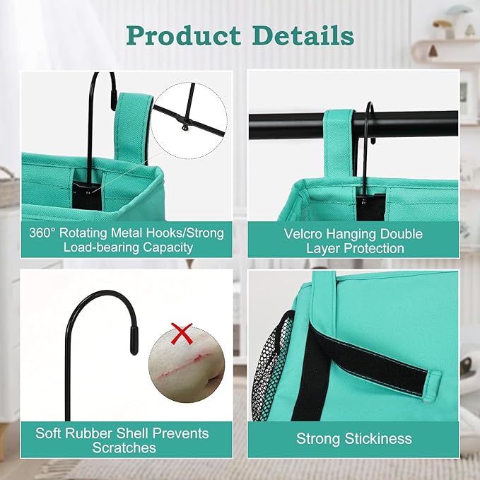 Surblue Bedside Organizer with Hook Hanging Storage Bag with Adjustable Strap and Water Bottle Holder for Home, College Dorm, Hospital Accessories, Crib Bed Rail, Green, 2PCS