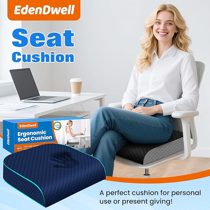 Seat Cushion, Memory Foam Chair Pad, Non-Slip Cushion for Office, Home, Car, Large Desk Chair Cushion, Washable Cover & Handle, Large, Blue