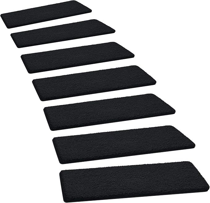 PURE ERA Carpet Stair Treads Ultra Plush 8" X 30" Soft Indoor Stair Protectors Pet-Friendly Non-Slip Skid Resistant Tape Free Washable Reusable(14 Pieces, Black)