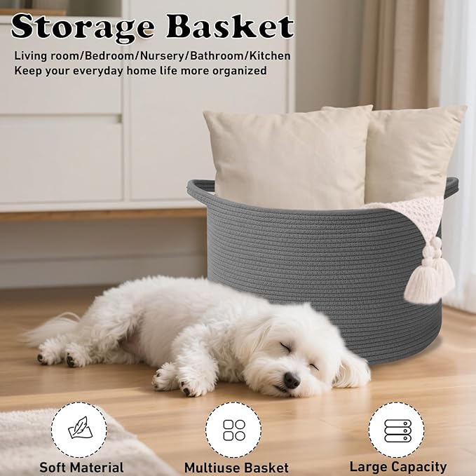 Large Storage Basket with Handle,19.7" L x 19.7" W x 13" H Blanket Basket Storage Bins for Organizing,65L Cotton Rope Woven Baskets for Living Room, Nursery ,Bedroom,Dark Gry