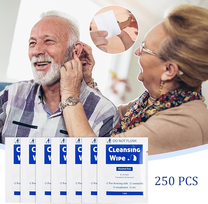 250 Counts Hearing Aid Cleaning Wipes 5.51 x 7.87'' Hearing Aid Wipes Individually Wrapped Cleaning Towelettes for Amplifier, Earbuds