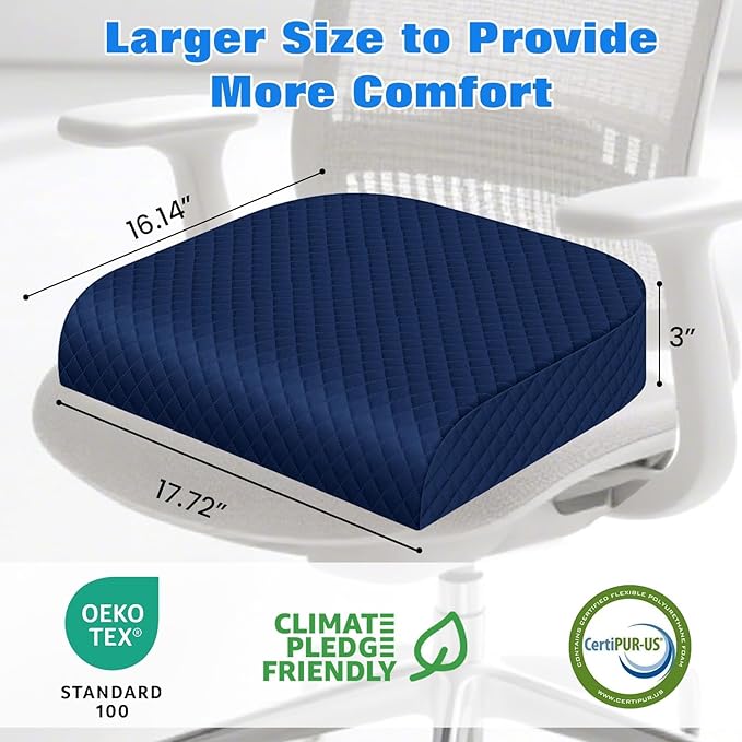 Seat Cushion, Memory Foam Chair Pad, Non-Slip Cushion for Office, Home, Car, Large Desk Chair Cushion, Washable Cover & Handle, Large, Blue