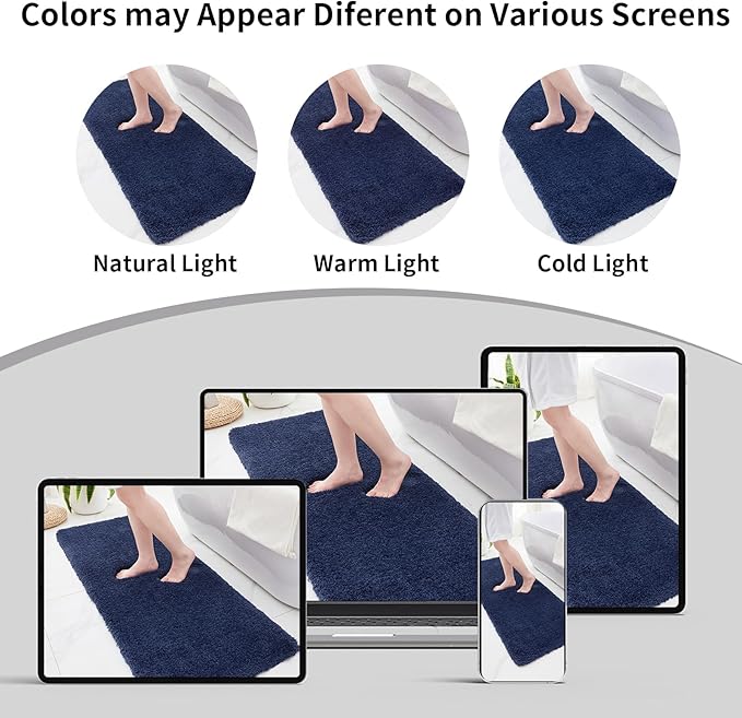Bathroom Rugs 24x48 Non Slip Navy Fluffy Bath Mat for Bathroom Floor Washable Plush Luxury Bath Rug for Tub Soft Shaggy Absorbent Shower Sink Mat