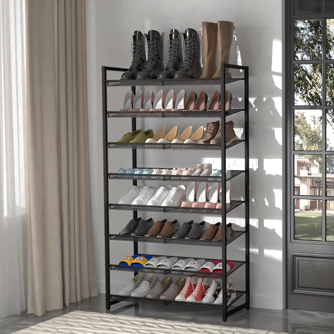 Shoe Rack, 8-Tier Metal Shoe Organizer, Tall Shoe Rack for Closet,entryway,Garage, with Adjustable Flat or Angled Shelves, 32-40 Pairs,Shoes That can accommodate The Whole Family.
