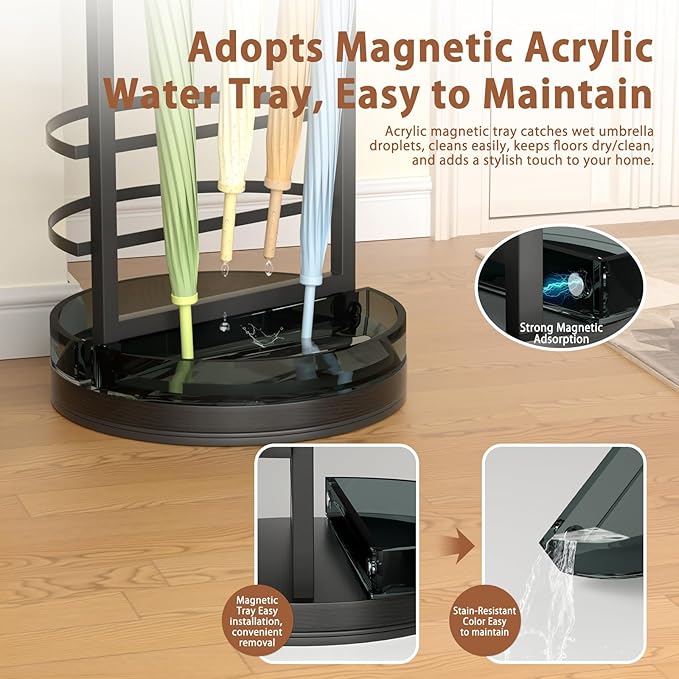 Rotating Free Standing Umbrella Holder for Entryway & Steel Round Umbrella Stand with Drip Tray, Acrylic Box, Holds 9+Umbrellas, Umbrella Rack Storage Canes,Sticks for Indoor Home Office,Black