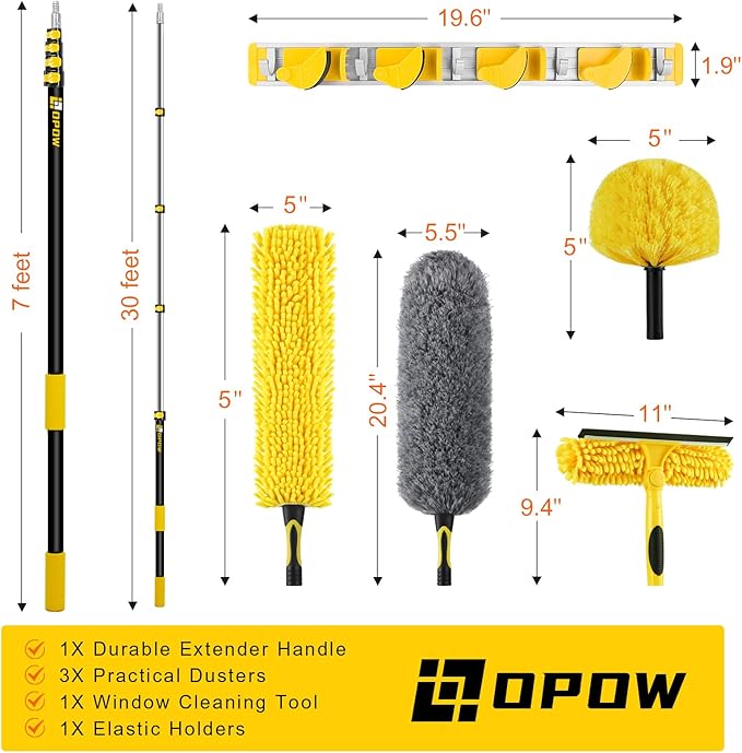 36 Foot High Ceiling Duster Kits with 7-30ft Heavy Duty Extension Pole, High Reach Duster for Cleaning,Microfiber Feather Duster,Cobweb Duster,Ceiling Fan Duster,Window Squeegee & Cleaner