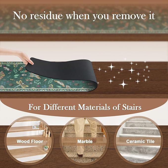 OJIA Insect Print Stair Treads Non Slip 15PCS, 8"x30" Stair Runner for Wooden Steps Indoor, Rubber Stair Mats Residue-Free Staircase Step Treads for Kids, Elders, Pets, Dark Green