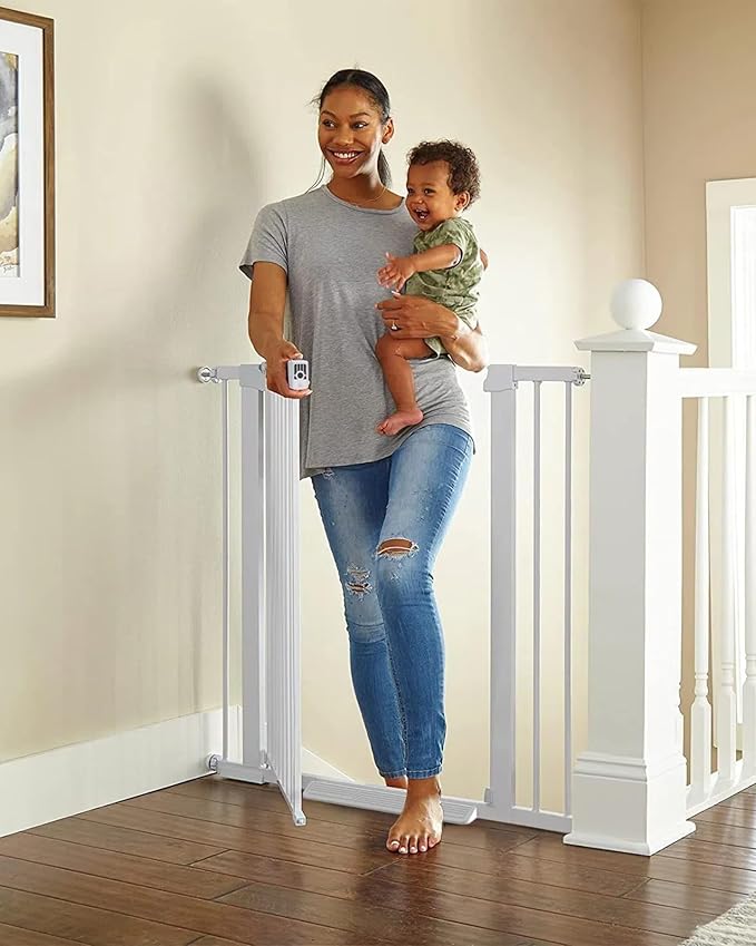 Cumbor 36" Extra Tall Baby Gate for Stairs, 29.7-40.6"(Extensions Included) Wide Dog Gate for Doorways, Pressure Mounted Auto-Close Pets Gates for Dogs Indoor, Durable Safety Child Gate, White