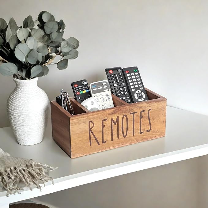 Acacia Wood Remote Control Holder, TV Remote Holder, Remote Organizer for Table,Home,Living room, bedroom for Wooden Remote Box (Brown, L,for 5+ Remote Controls)
