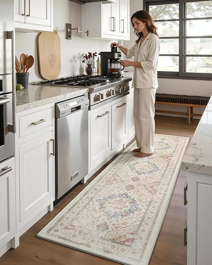 DEXI Kitchen Mats for Floor Cushioned, 17x29+17x59 Extra Large Runner Rug Non Slip, Waterproof Soft Comfort Standing Padded Anti Fatigue Decorative Set of 2, Light Beige