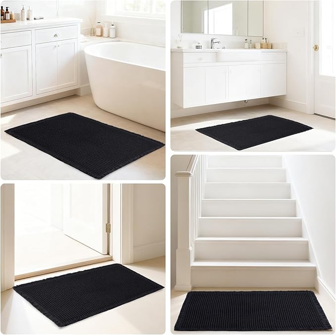 Hiasan Waffle Bath Mat, Super Absorbent Non Slip Bathroom Boho Rug with Tassels, Machine Washable Bath Mats for Bathroom, Ultra Soft Rubber Backed Rug, Black, 20 x 32 Inches