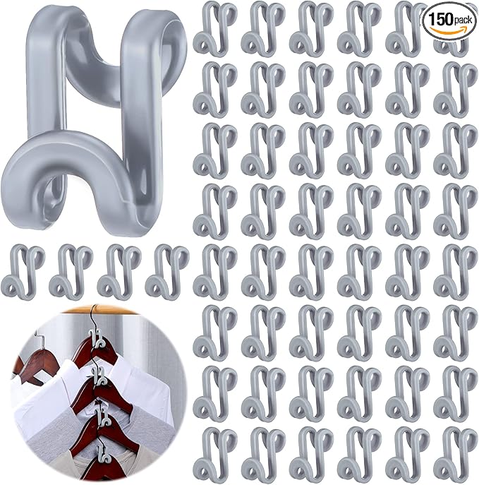Unittype 150 Pcs Space Saving Hanger Hooks, Clothes Hanger Connector Hooks, Heavy Duty Space Saver Extender Clips for Closet Organizers (Gray)