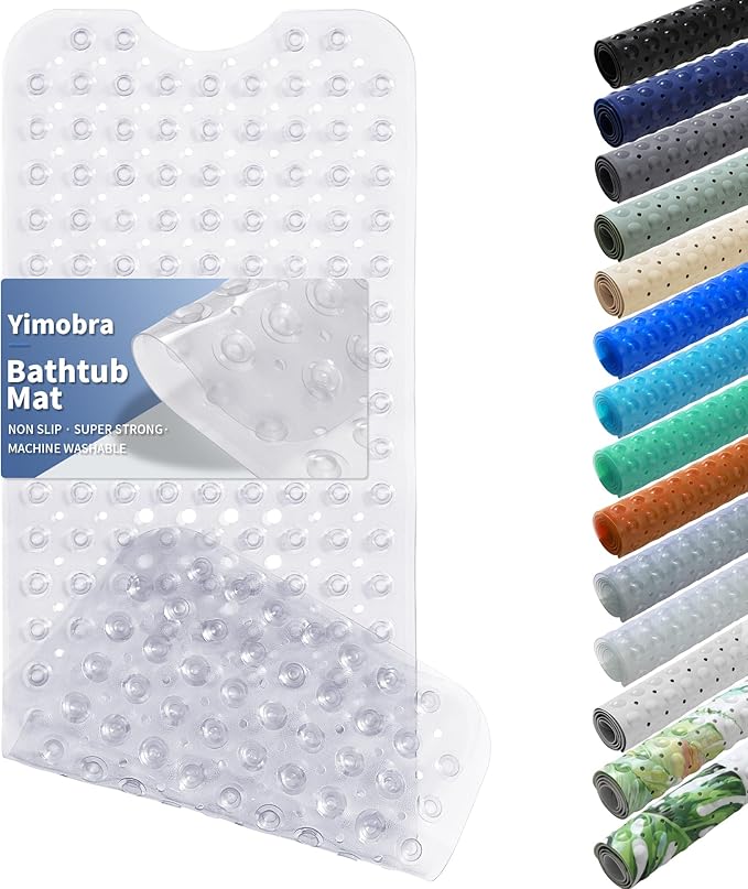 Yimobra Non Slip Bathtub Mat 40 x 16 Inch, Extra Long Shower Mat with Drain Holes, Machine Washable Baby Bath Mats, Strong Suction Cups for Bathroom Floor, Clear