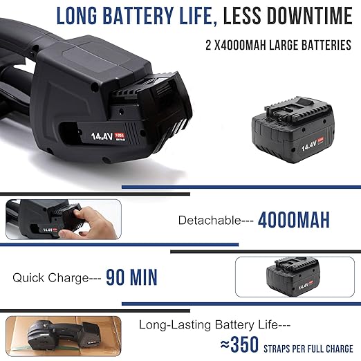 Electric Strapping Machine 2 x 4000mAh Battery Automatic Strapping Tool for 1/2-5/8in PP PET Straps Portable Handheld Banding Machine for Warehouse Box Pallet Packaging