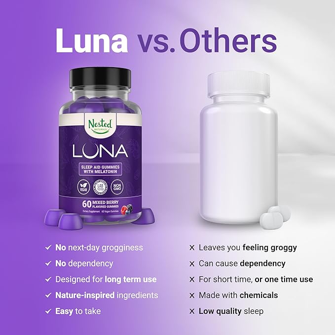 Nested Naturals Luna Sleep Gummies - Non-Habit Forming Melatonin Gummies 3mg with L-Theanine, Valerian Root, GABA, and Lemon Balm - Sleep Gummy for Adults - Mixed Berry, 60 Vegan Gummies