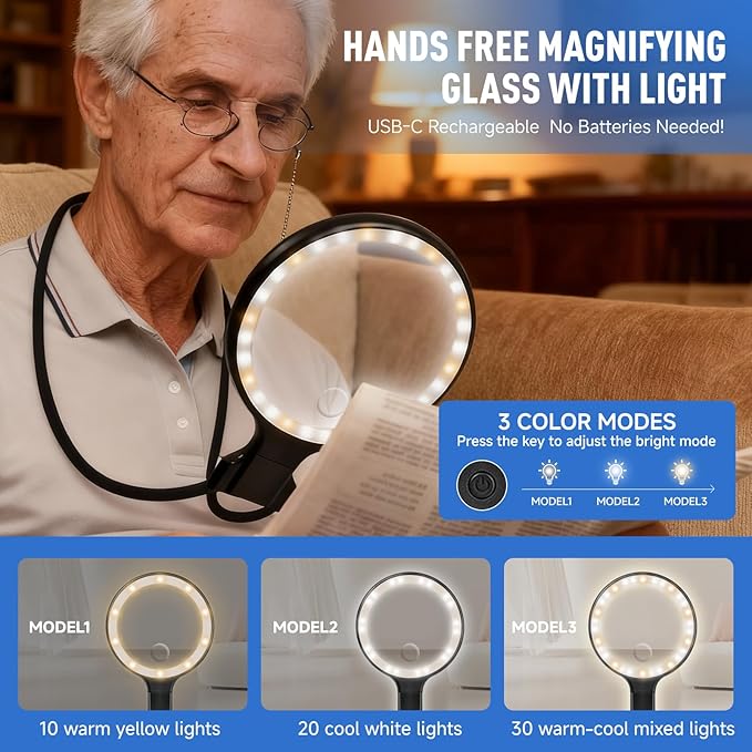 Neck Magnifying Glass with LED Light – 5X/10X Dual Lens, Hands-Free & Handheld, Adjustable Brightness, Perfect for Seniors, Crafters, Sewing, Reading & Repairing,Type-C Charging