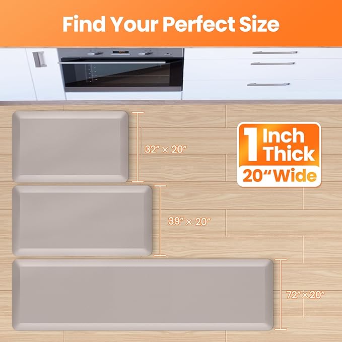 Kitchen Mats for Floor, 1 Inch Extra-Thick Kitchen Rugs, Non-Slip & Waterproof Standing Desk Mat, Comfort Anti Fatigue Mats for Kitchen Floor, Home, Sink, Office (20" X 72", Khaki)