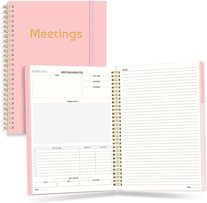 SUNEE Half Meeting Half Note 7"x10" Notebook for Work – 140 Pages, B5 Size Project Planner for Women&Men, Minutes Organizer for Meeting Notes, Ideas for Office/Business, PVC Waterproof Cover, Pink
