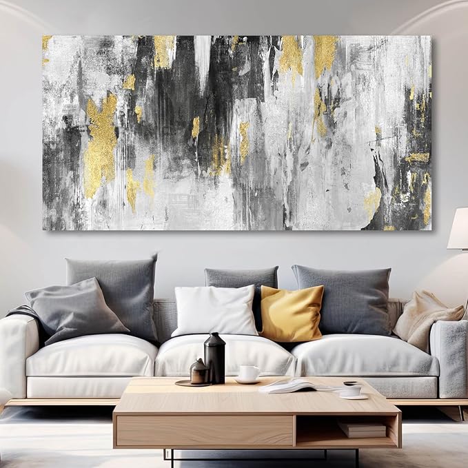 SOUGUAN Canvas Wall Art Gold Abstract Art Living Room Decor 30"x 60" Black and Grey Artwork Office Decor Large Paintings for Bedroom Home Decoration