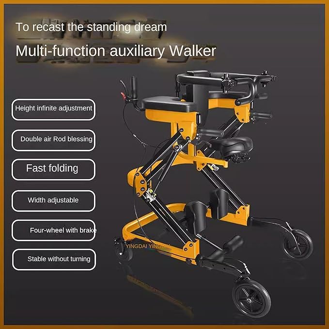 Adjustable Medical Walker with Stand-Up Support, Walking Frame, Adult Walker, Lower Limb Training, Home Rehabilitation Equipment, Multi-Function Mobility Aid with 4 Wheels (Yellow)