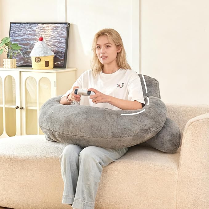 Reading Pillow for Bed,U Shaped & Back Support Pillow for Bed,17" Backrest with Lumbar & Arm Support,Luxurious Faux Rabbit Fur,Gaming PillowFor Crochet/Reading/Watching TV,Gray
