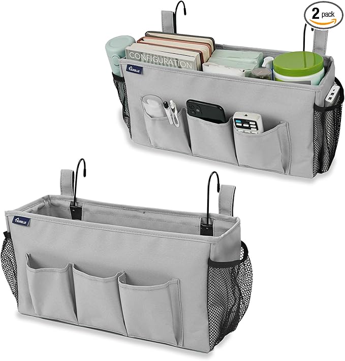 Surblue Bedside Organizer with Hook Bedside Caddy Hanging Storage Bag with Adjustable Straps and Water Bottle Holder for Home College Dorm Bunk Bed Accessories, Crib Bed, Hospital Bed,Lightgrey,2PCS