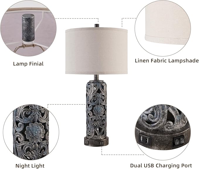 RORIANO 25'' Set of 2 Rustic Table Lamp for Bedroom Living Room with 2 USB Ports, Farmhouse Vintage Resin Nightstand Lamp with Nightlight, Antique Retro Desk Lamp for Entryway, 2 Bulbs Included