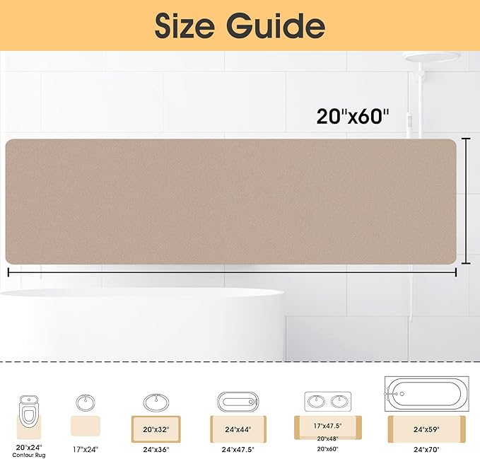 Ultra Thin Bath Mat, Upgrade Backing Non Slip Thin Bath Mats Fit Under Door, Quick Dry Ultra Absorbent Bathroom Rugs, Machine Washable Bath Rugs for Bathroom, Bathtub & Kitchen, Taupe/Solid/59"x20"