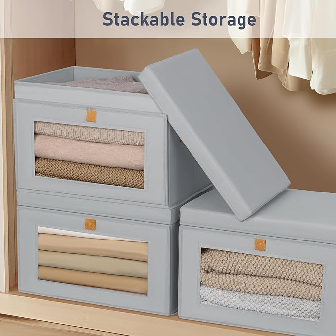DIMJ Storage Bins with Lids - 4 Pack Large Fabric Closet Organizer with Window & Handles, Collapsible Decorative Storage Boxes for Shelves Under Bed, Books Clothes Blankets Sweaters Organization