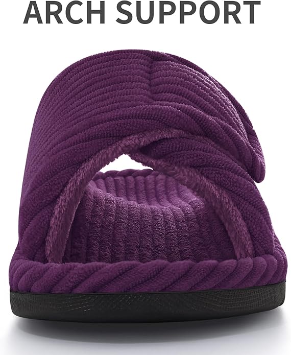 Litfun Orthopedic House Slippers for Women Adjustable Arch Support Indoor Slippers Open Toe Corduroy Bedroom Shoes