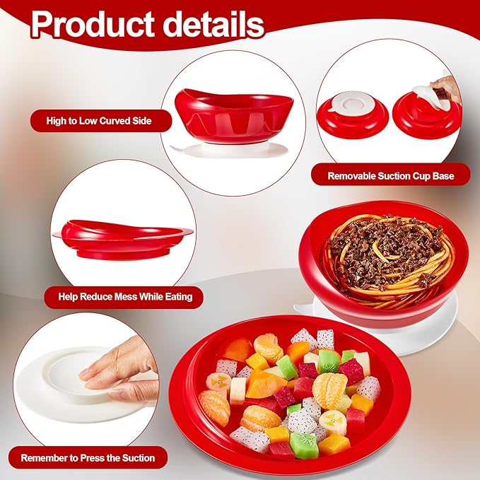 Hushee Adaptive Spill Proof Scoop Bowl and Plate Set with Suction Base Non Skid Self Feed Dinnerware for Elderly Disabled Handicapped from Parkinsons, Dementia, Stroke, Tremor(2 Sets,Red)