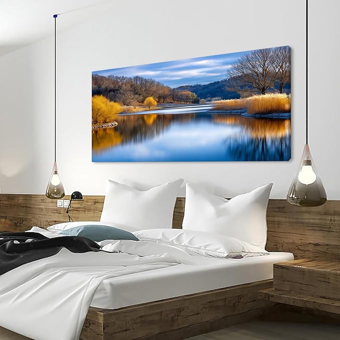 Beautiful Yellow Forest Park Wall Art for Living Room Office Calm Lake Blue Painting Prints Nature Autumn Canvas Artwork Over The Couch Bedroom Decor Extra Large