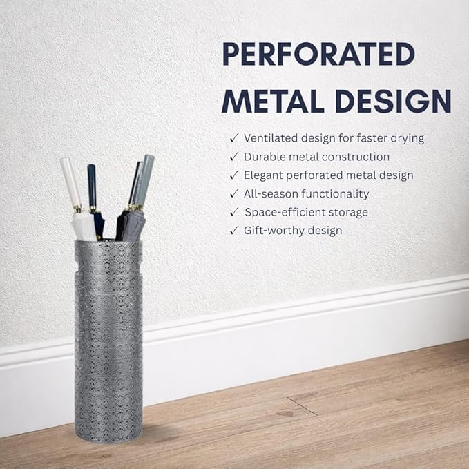 Concepts 21 inch Heavy Duty Metal Umbrella Stand - Durable Storage Holder for Umbrellas - Indoor and Outdoor Use - Stylish and Modern Organizer for Entryways. (Silver Lace)