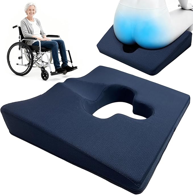 Gel Wheelchair Seat Cushion,Bed Sore Cushions for Butt,Chair Pressure Sore Cushion,Memory Foam Butt Pillow for Bed,Pressure Ulcer Pain Relief, Sciatica,Coccyx, Non-Slip Washable Cover(Blue)