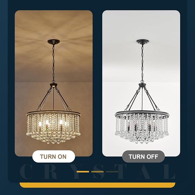 6-Light Black Crystal Chandelier Modern 21.6'' Contemporary Round Pendant Chandeliers Crystal Ball Luxury Ceiling Hanging Lighting for Living Dining Room Kitchen Island Bedroom Entryway Foyer