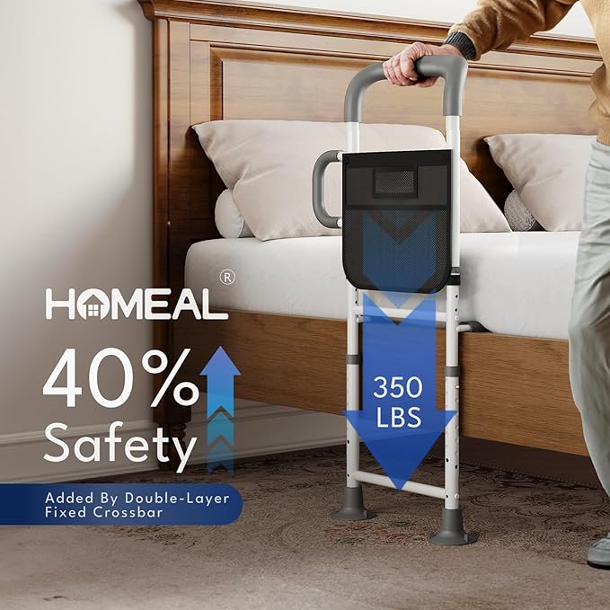 HOMEAL Bed Rails for Elderly Adults Safety - Adjustable Bedside Assist Rails for Seniors with Non-Slip Ergonomic Handle & Fixing Strap, 350 Tested,Fits Twin, Full, Queen, King Bed(Black,Without Light)