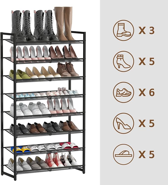 Shoe Rack, 8-Tier Metal Shoe Organizer, Tall Shoe Rack for Closet,entryway,Garage, with Adjustable Flat or Angled Shelves, 32-40 Pairs,Shoes That can accommodate The Whole Family.