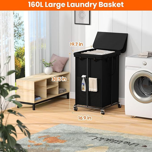 160L Laundry Hamper with Lid, Rolling Laundry Basket with Wheels, Large & Tall Dirty Clothes Hamper with Metal Frame and Removable Bag for Bedroom Aesthetic, Laundry Room, Bathroom, Dorm-Black