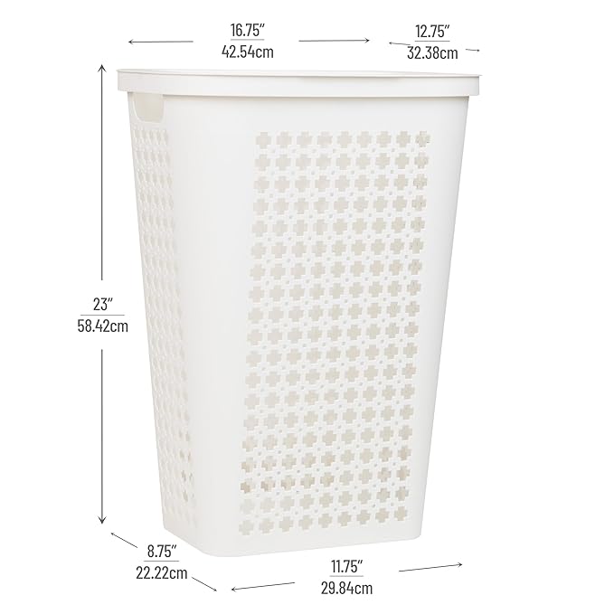 Mind Reader Slim Tapered Laundry Hamper with Lid, Clothes Basket with Swiss Cross Cut-Outs, Lightweight & Ventilated, Plastic, 16.75"L x 12.75"W x 23"H, White
