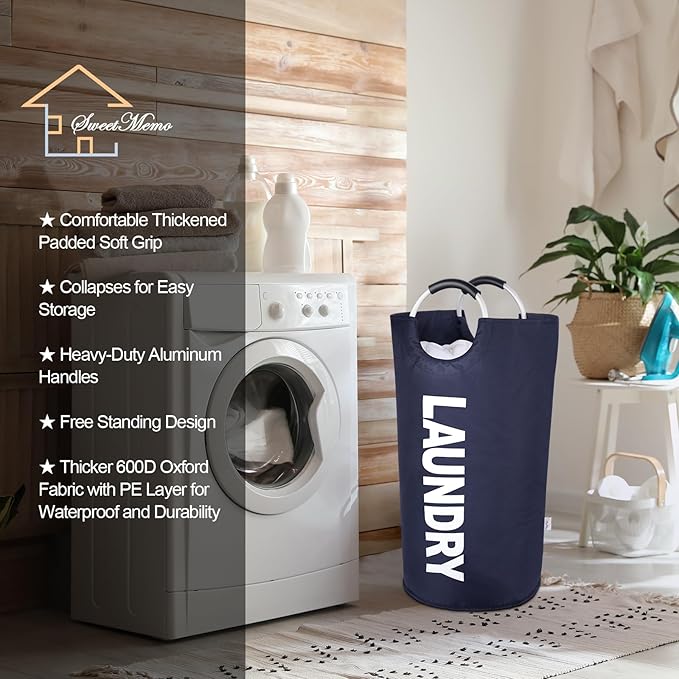 Large Laundry Basket Collapsible，Freestanding Clothes Hamper Bag with Handles – Tall Folding Dirty Laundry Bin，Sturdy Laundry Sorter for College Dorm，Laundry Room – 95L (Navy Blue)